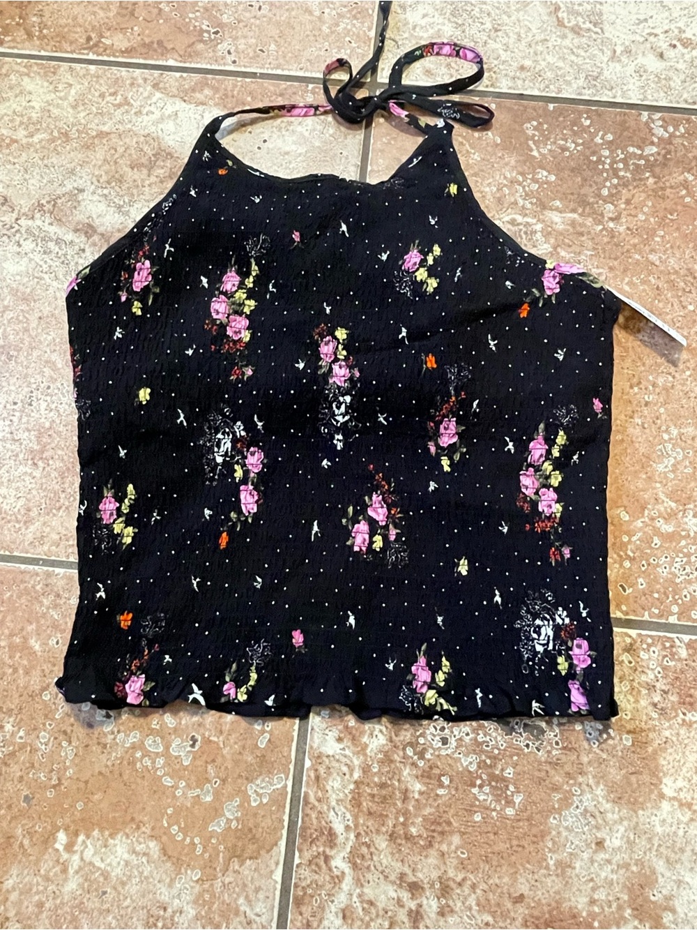 No Boundaries Black Floral Smocked Stretch Halter Tank Top XL/XG 15-17